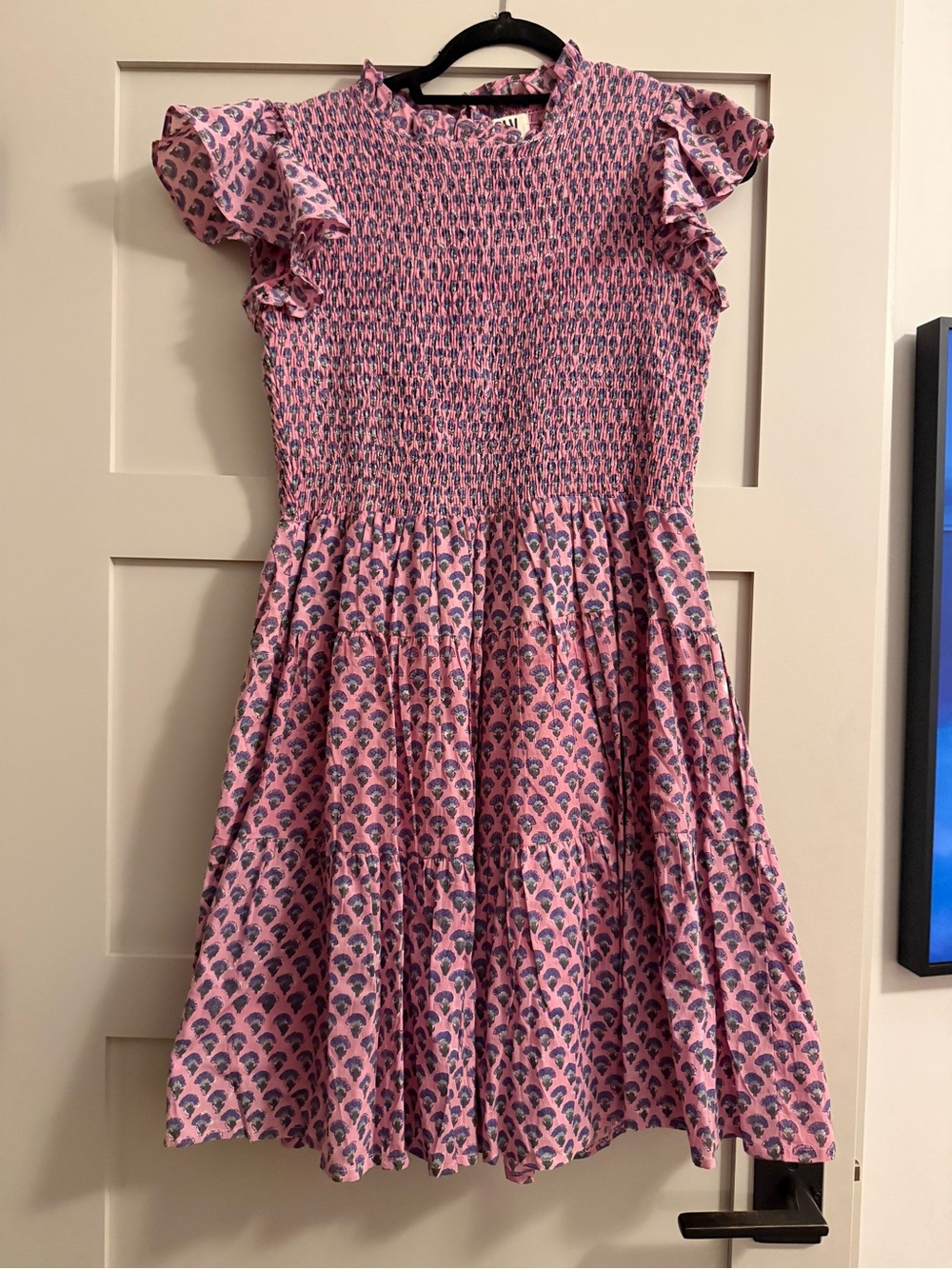 Smocked Pink Printed Flutter-Sleeve Casual Dress